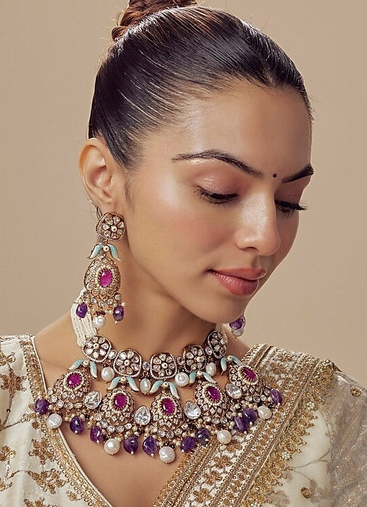Gold Plated Bridal Purple Kundan And Polki Necklace Set