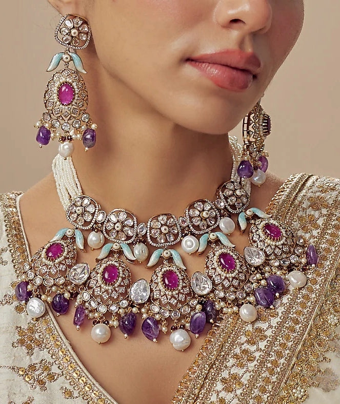 Gold Plated Bridal Purple Kundan And Polki Necklace Set