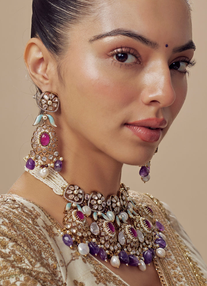 Gold Plated Bridal Purple Kundan And Polki Necklace Set