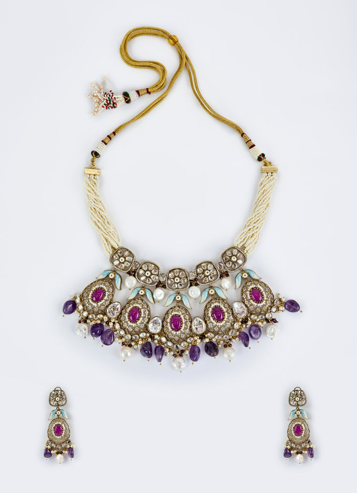 Gold Plated Bridal Purple Kundan And Polki Necklace Set
