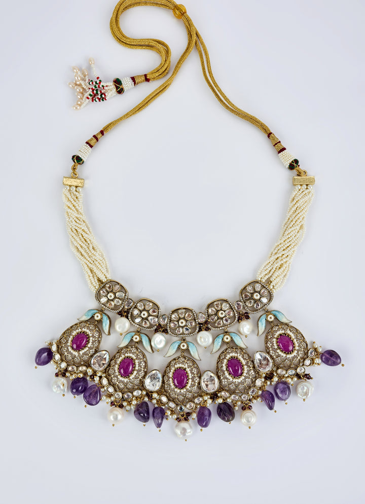Gold Plated Bridal Purple Kundan And Polki Necklace Set