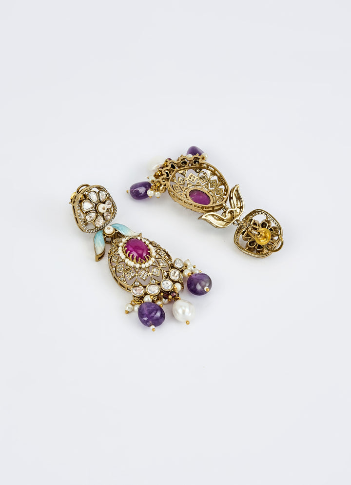 Gold Plated Bridal Purple Kundan And Polki Necklace Set