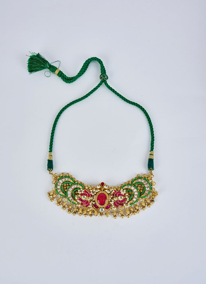 Gold Plated Green And Pink Beaded Necklace Set