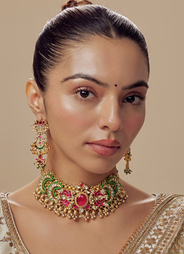 Gold Plated Green And Pink Beaded Necklace Set