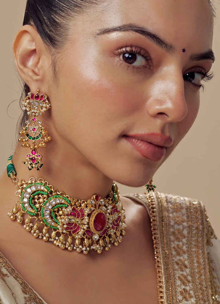 Gold Plated Green And Pink Beaded Necklace Set