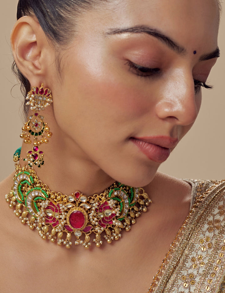 Gold Plated Green And Pink Beaded Necklace Set