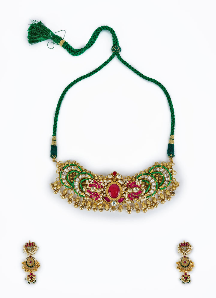 Gold Plated Green And Pink Beaded Necklace Set