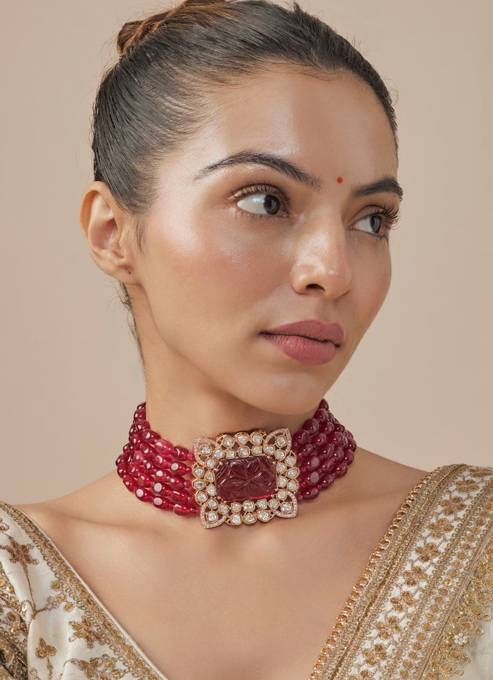 Multi Strand Red And Crystal Necklace