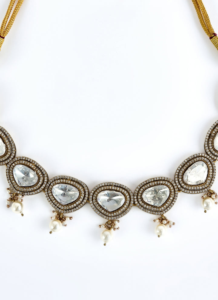 Gold Plated White Kundan And Polki Short Necklace Set