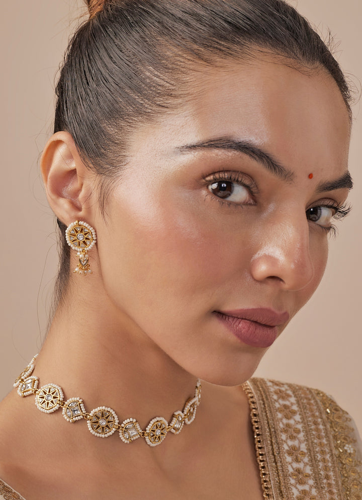 Gold Plated White Kundan And Polki Short Necklace Set