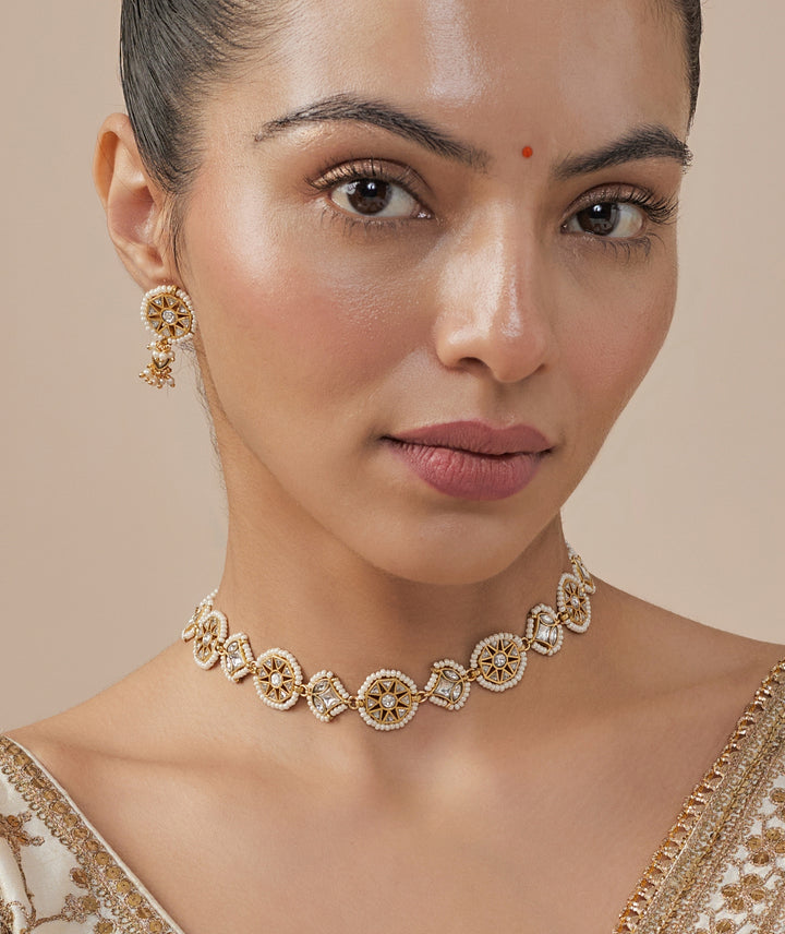 Gold Plated White Kundan And Polki Short Necklace Set