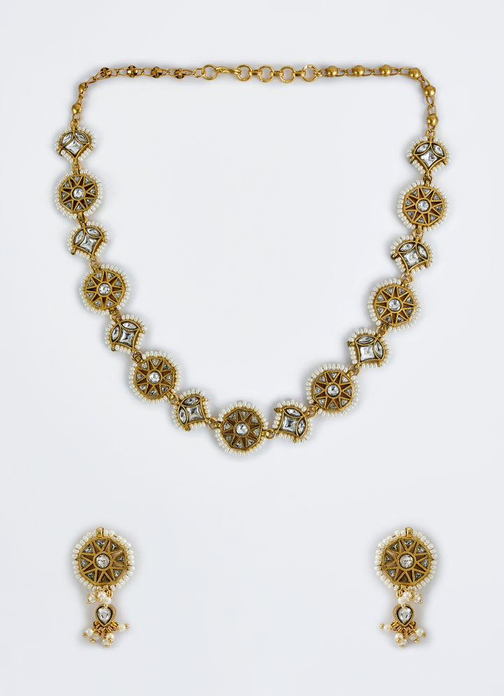 Gold Plated White Kundan And Polki Short Necklace Set