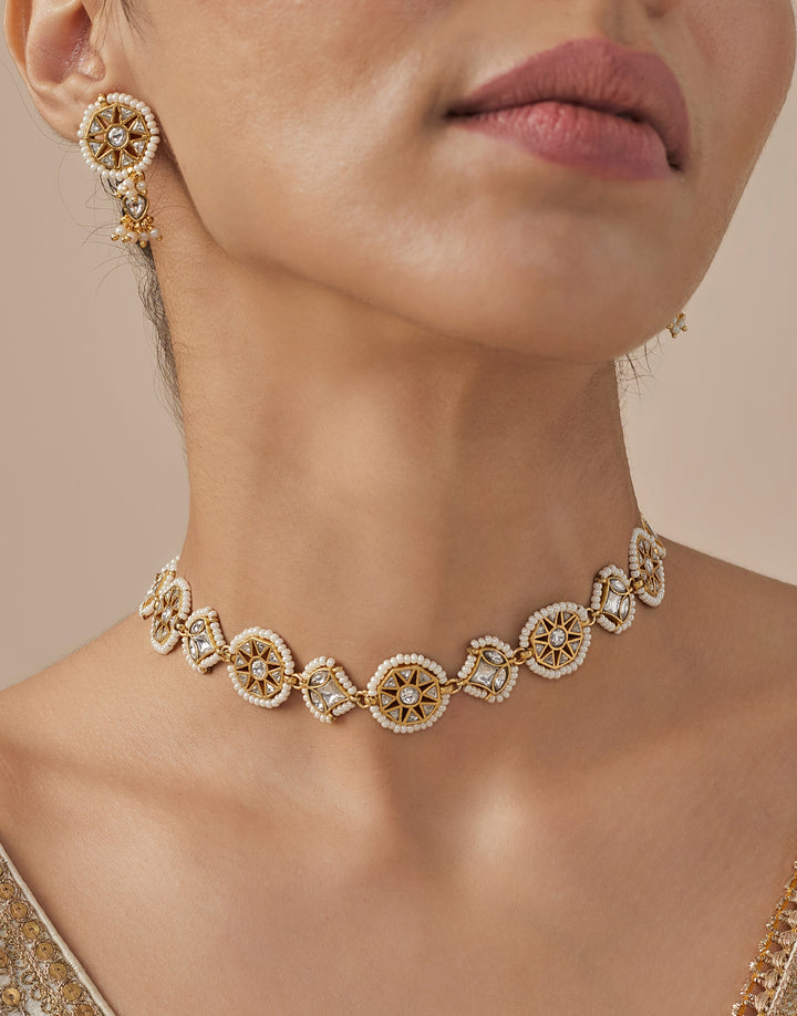 Gold Plated White Kundan And Polki Short Necklace Set