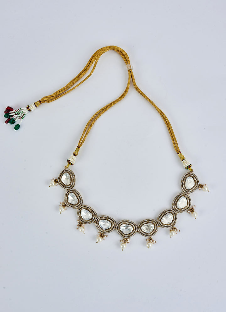 Gold Plated White Kundan And Polki Short Necklace Set