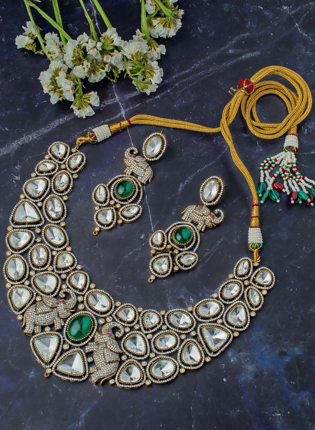 Gold Plated Green White Kundan And Polki Short Necklace Set