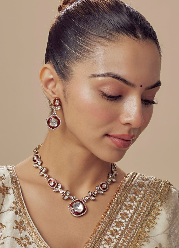 Gold Plated Red Meenakari And Kundan Short Necklace Set