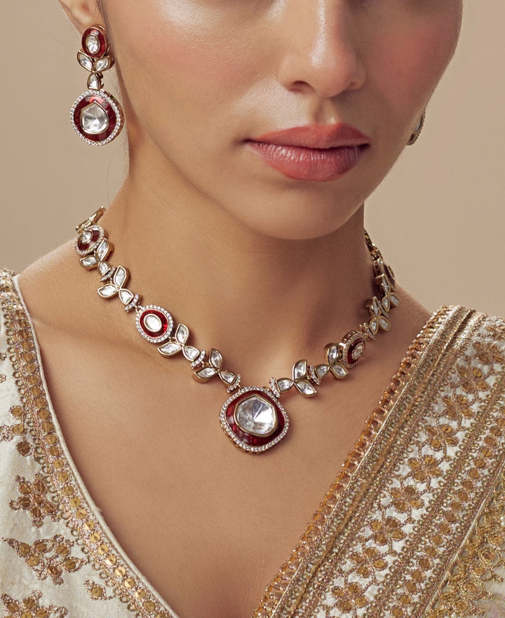 Gold Plated Red Meenakari And Kundan Short Necklace Set