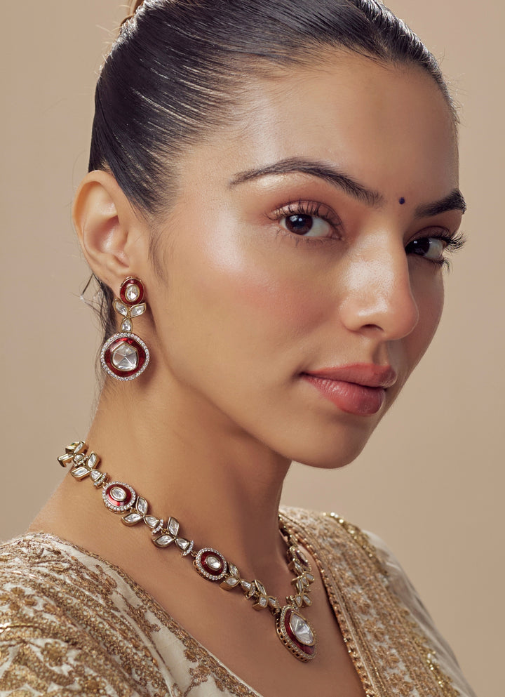 Gold Plated Red Meenakari And Kundan Short Necklace Set