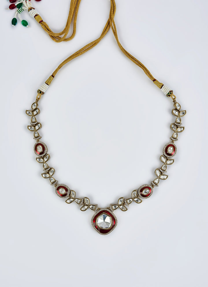 Gold Plated Red Meenakari And Kundan Short Necklace Set