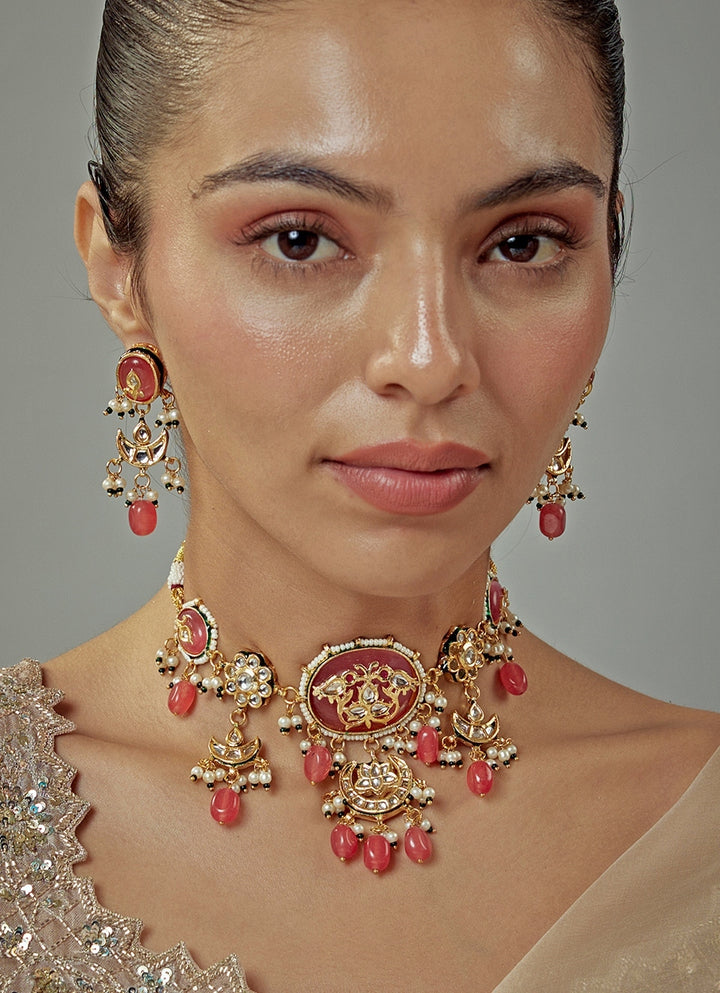 Gold Plated Pink Kundan Choker Necklace Set