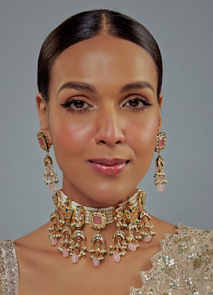 Gold Plated Pink Kundan And Polki Choker Set