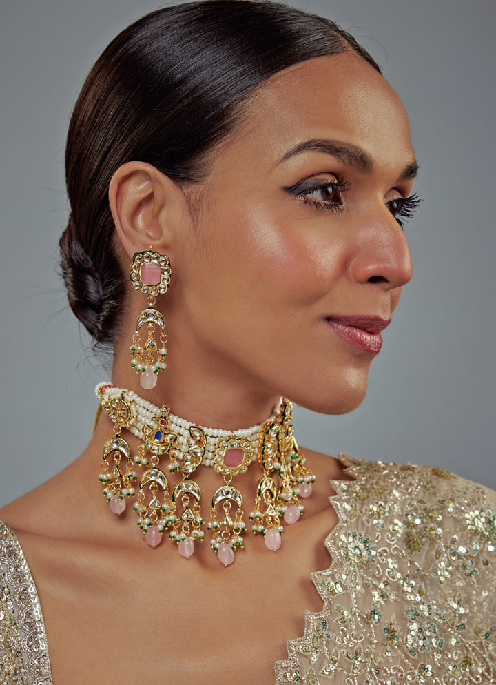 Gold Plated Pink Kundan And Polki Choker Set