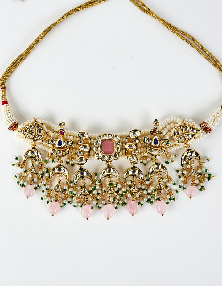 Gold Plated Pink Kundan And Polki Choker Set