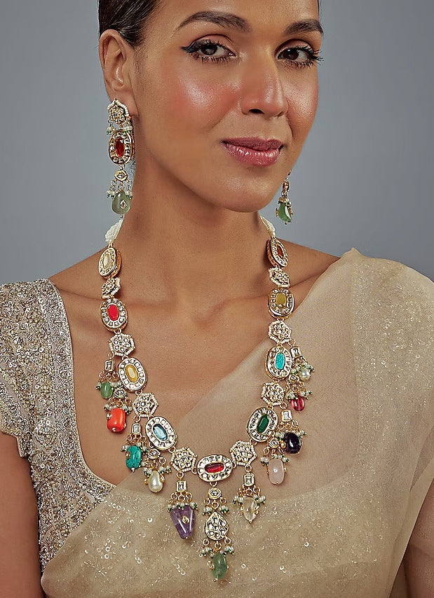 Gold Plated Multi Kundan And Polki Long Necklace Set