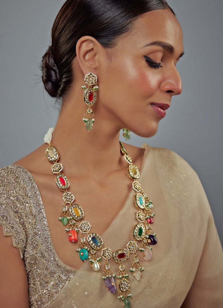 Gold Plated Multi Kundan And Polki Long Necklace Set