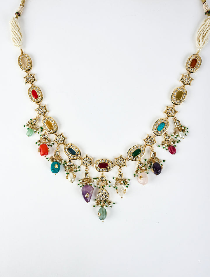 Gold Plated Multi Kundan And Polki Long Necklace Set