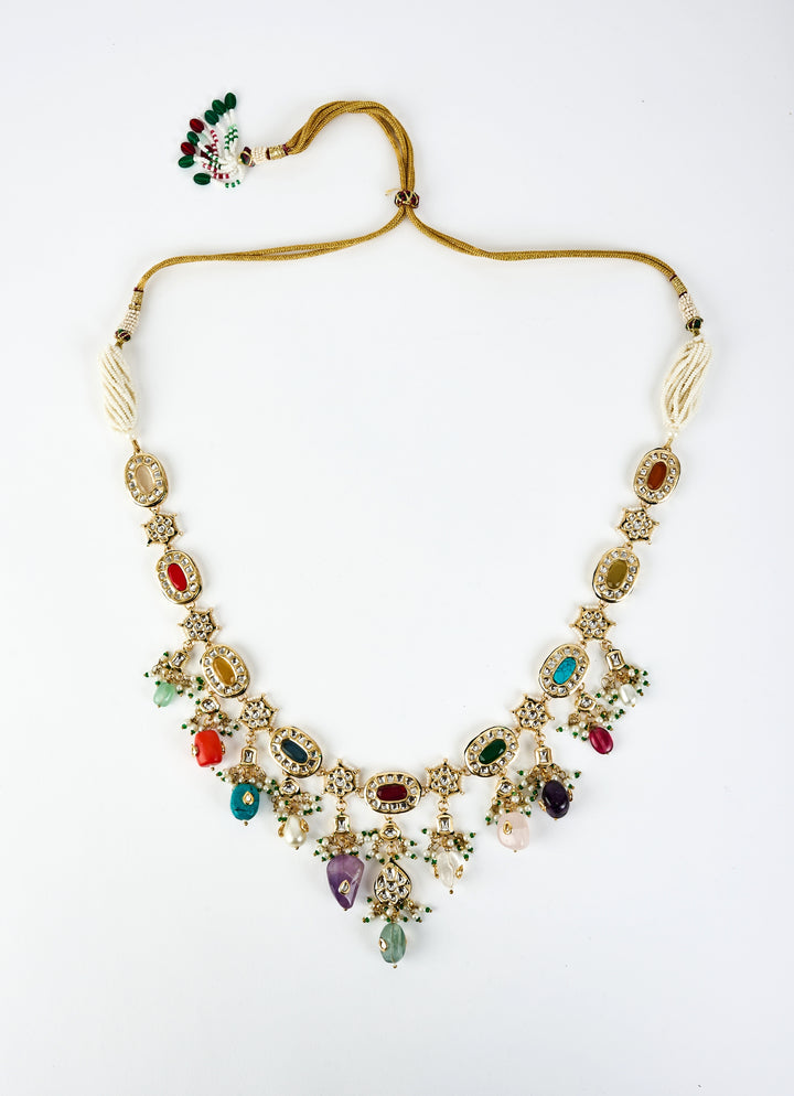 Gold Plated Multi Kundan And Polki Long Necklace Set
