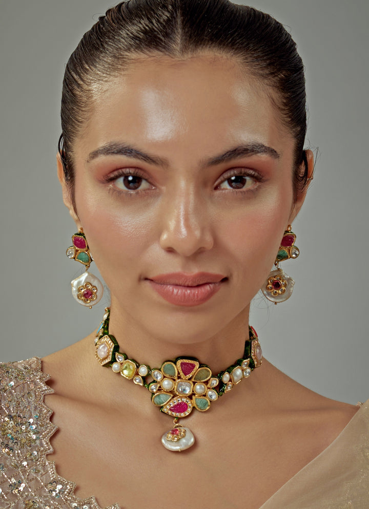 Gold Plated Multi Stone Kundan Choker Necklace Set
