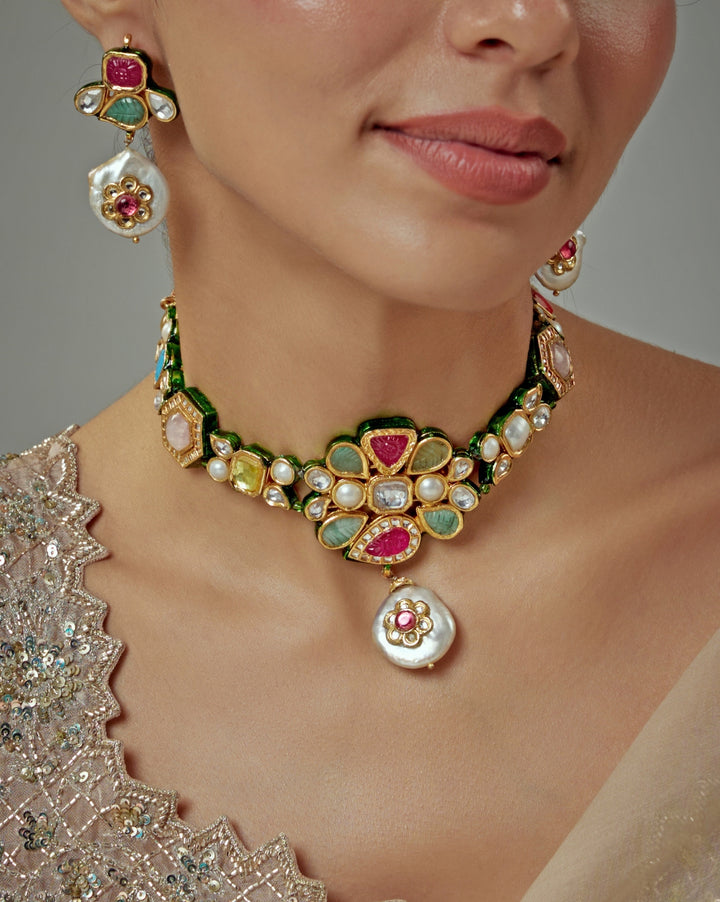 Gold Plated Multi Stone Kundan Choker Necklace Set