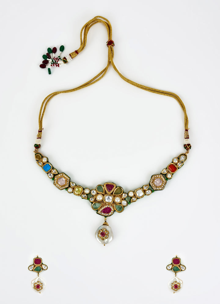 Gold Plated Multi Stone Kundan Choker Necklace Set