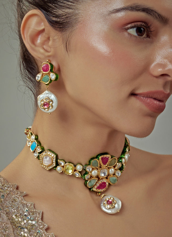 Gold Plated Multi Stone Kundan Choker Necklace Set