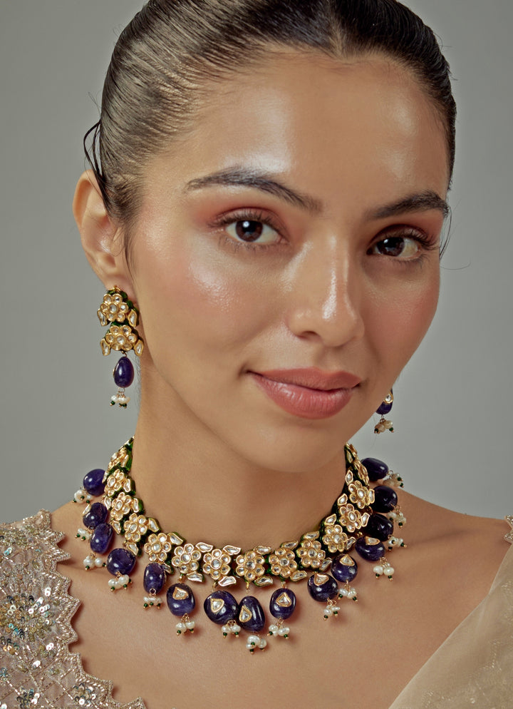 Gold Plated Blue Kundan Choker Necklace Set