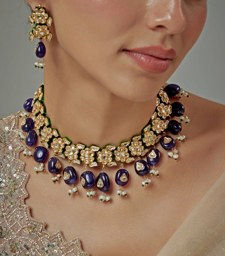 Gold Plated Blue Kundan Choker Necklace Set