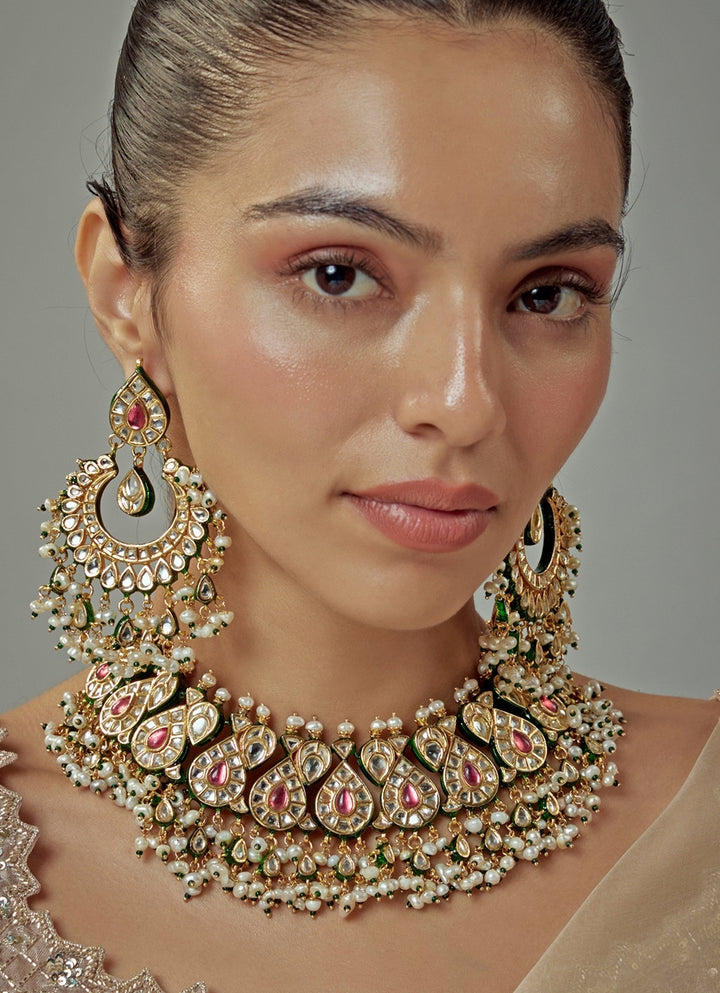 Gold Plated Pink Kundan And Polki Bridal Choker Necklace Set