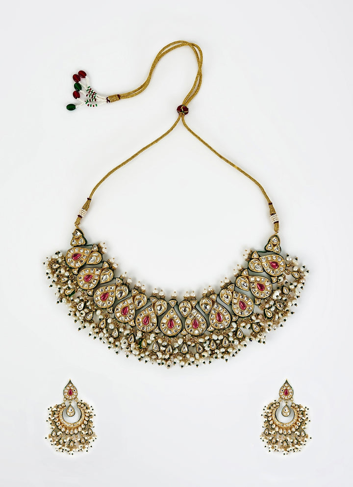 Gold Plated Pink Kundan And Polki Bridal Choker Necklace Set