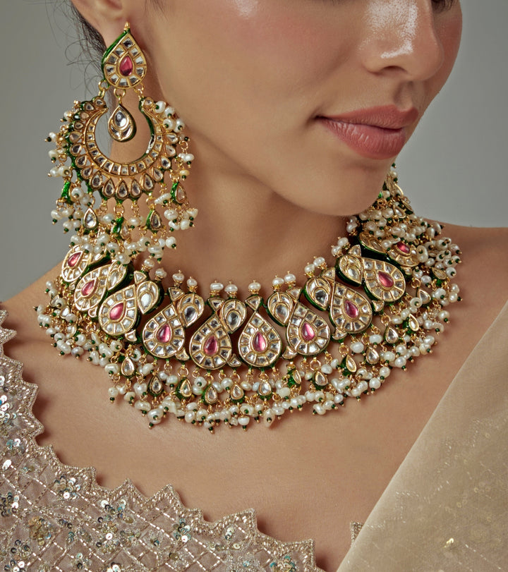 Gold Plated Pink Kundan And Polki Bridal Choker Necklace Set