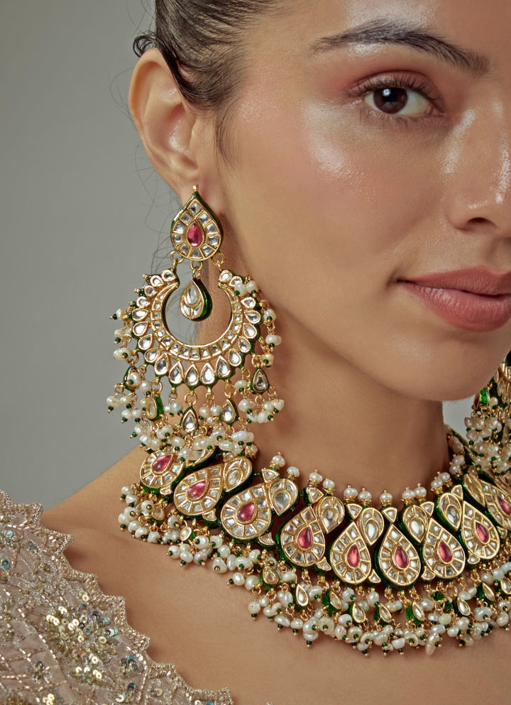 Gold Plated Pink Kundan And Polki Bridal Choker Necklace Set