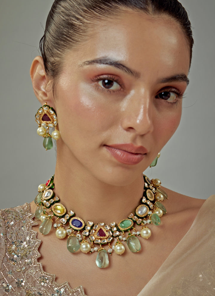Gold Plated Multi Kundan Polki Choker Necklace Set