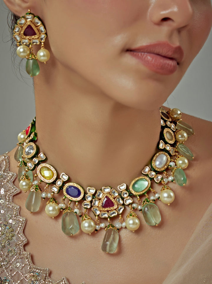 Gold Plated Multi Kundan Polki Choker Necklace Set