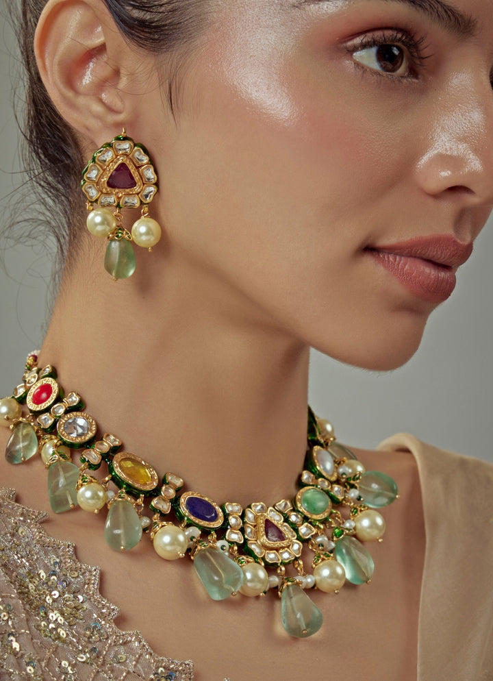 Gold Plated Multi Kundan Polki Choker Necklace Set