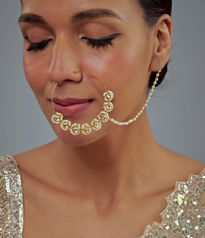 Gold Plated White Kundan And Pearl Nath With Chain