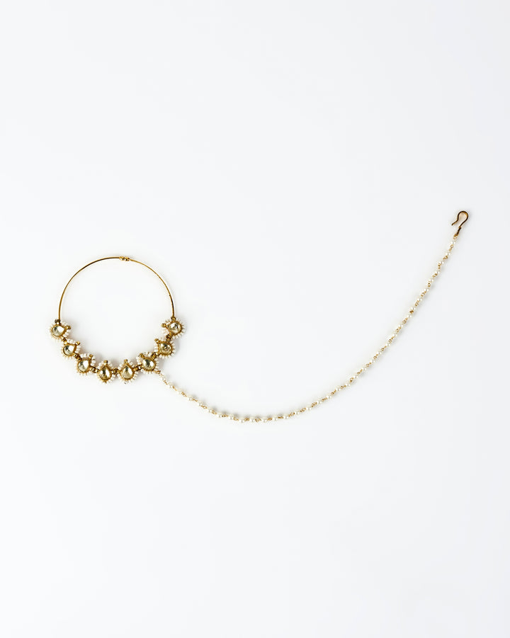 Gold Plated White Kundan And Pearl Nath With Chain