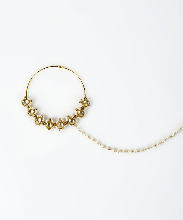Gold Plated White Kundan And Pearl Nath With Chain