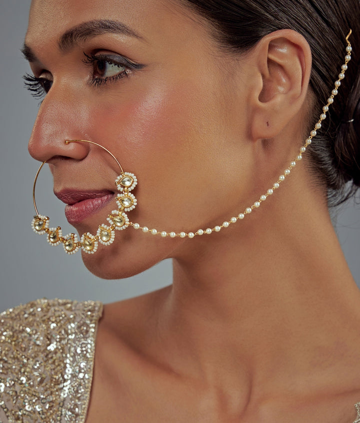 Gold Plated White Kundan And Pearl Nath With Chain