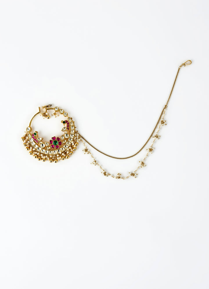 Gold Plated Floral Red Kundan And Polki Nath With Chain