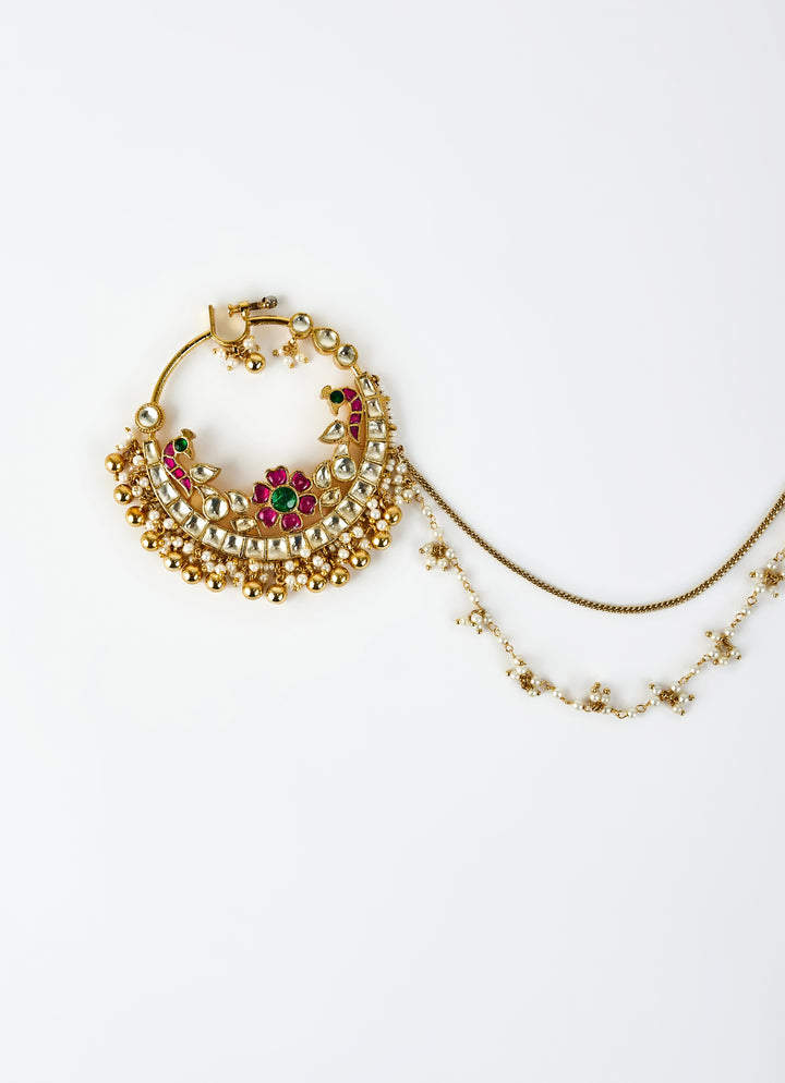 Gold Plated Floral Red Kundan And Polki Nath With Chain